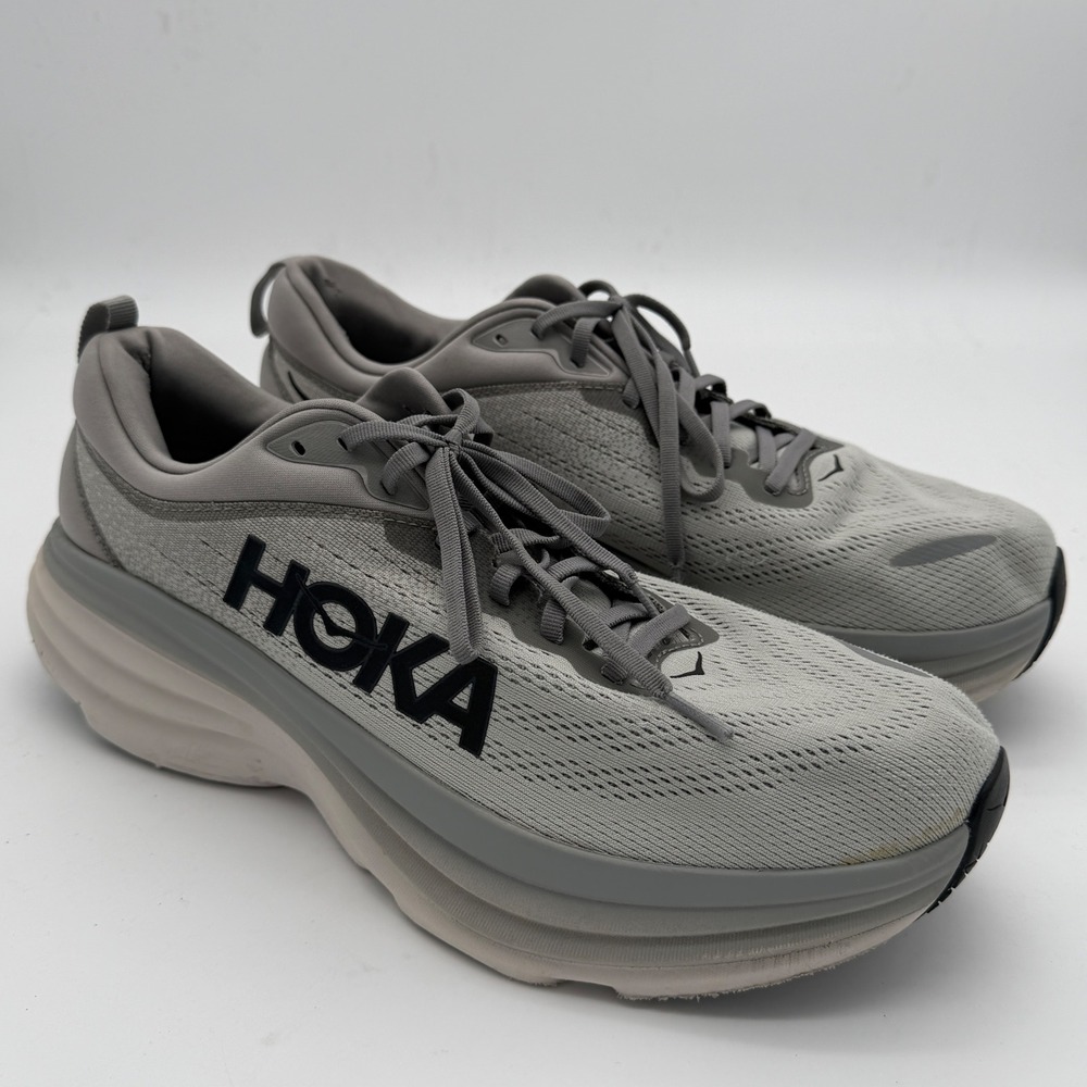 Hoka Bondi 8 Mens Running Shoes Grey Silver Athletic Sneakers 1123202 13D